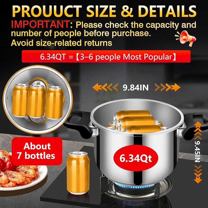 Stainless Steel Pressure Cooker 6 quart Commercial Stove Top Pressure Cooker for canning, pressure cooker 6+ quart, Compatible with Gas & Induction, Fast Cooking for large Meals, Dishwasher Safe,