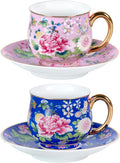 KAMMAK Tea Cups and Saucers Set of 2, Porcelain Coffee Cups, 8oz Stackable Espresso Mugs, Ceramic Demitasse for Coffee, Latte, Americano, Tea (939N+943N)