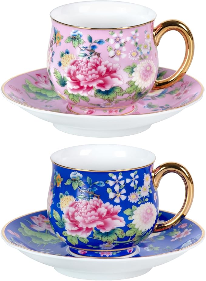 KAMMAK Tea Cups and Saucers Set of 2, Porcelain Coffee Cups, 8oz Stackable Espresso Mugs, Ceramic Demitasse for Coffee, Latte, Americano, Tea (939N+943N)