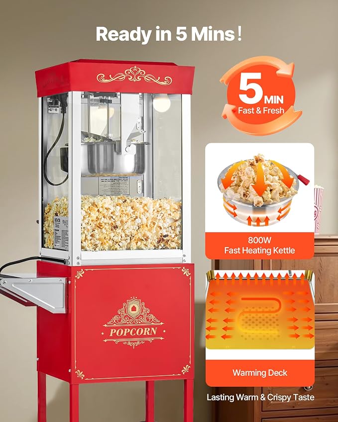 VEVOR Popcorn Machine with Cart, 8oz Stainless Steel Kettle, 800W Commercial Popcorn Maker, 48 Cups per Batch Theater Style Popper, with 2-Button Control Glass Wall PC Door 1 Scoop 3 Spoons, Red