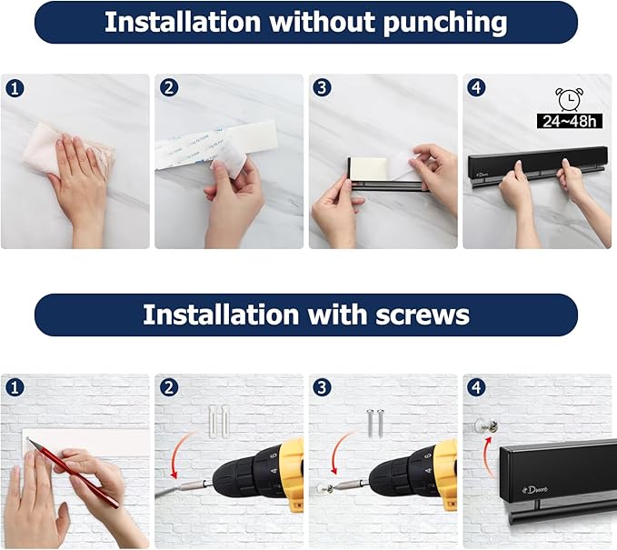 Dmore magnetic knife holder for wall—with 15 hooks, No Drilling 23 Inch black knife magnetic strip, Extra Strong Magnet knife rack, include Adhesive Tape and screws for Knives and Tools