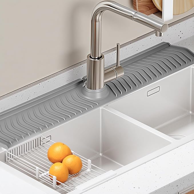 Kitchen Sink Faucet Mat,30in New Foldable Faucet Mat for Kitchen Sink, Adjustable Waterproof Splash Guard Draining Mat,Keep Countertops Dry ((Gray,29.9" x 5.7)