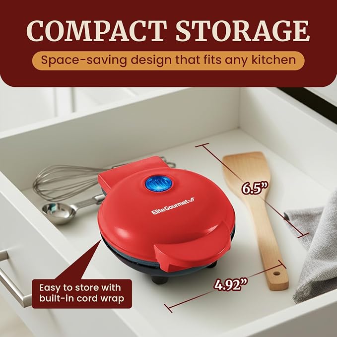 Elite Gourmet EWM015R Electric Nonstick 4.5" Cooking Surface Mini Waffle Maker, Belgian Waffles, Compact Design, Hash Browns, Keto, Snacks, Sandwich, Eggs, Easy to Clean, Red
