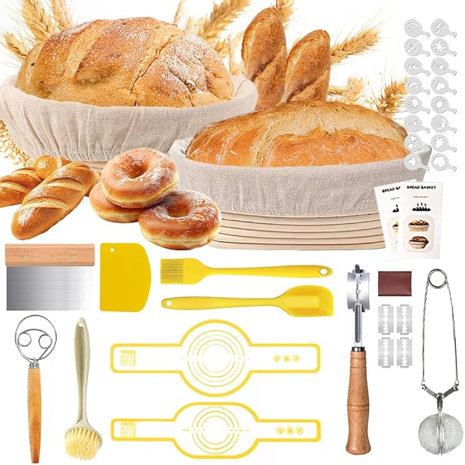 Aoocan Sourdough Starter Kit for Beginners, Bread Baking Supplies & Bread Making Tools – 9 Inch Round & 10 Inch Oval Banneton Bread Proofing Basket Set with Dough Whisk, Lame, Scraper & Brush