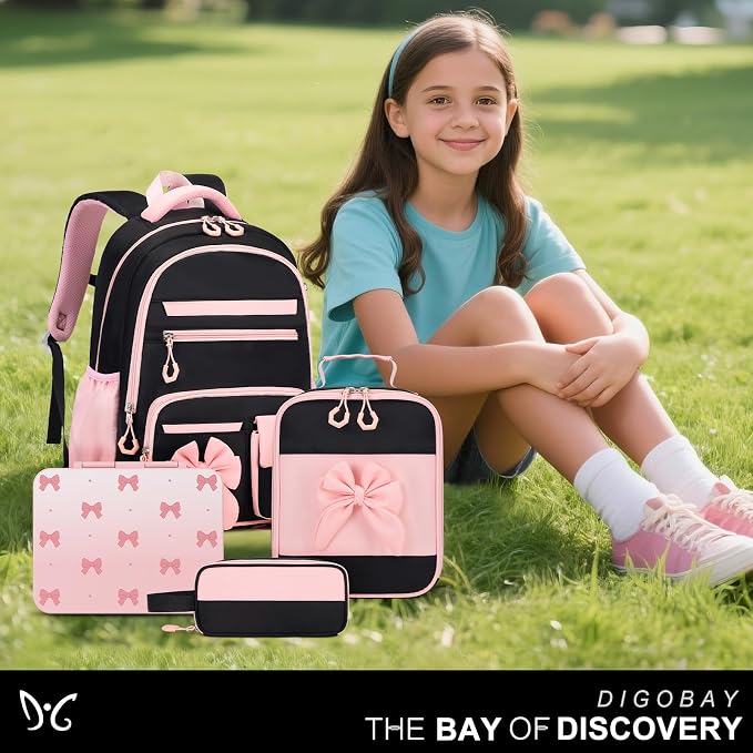 DIGOBAY Girls Backpack - Kids Bento Box Set with Insulated Lunch Bag, Cutlery and Pencil Case, 6 Leak-Proof Compartments, Removable Tray for Girls Teens School Picnic