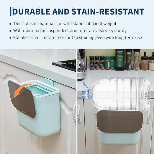 Hanging Kitchen Trash Can with Lid - 1.8 Gallon Small Compost Bin for Cabinet Door, Under Sink - Odor-Sealing Stainless Steel Top Food Waste Bin for RV, Bathroom, Office - Indoor Recycling Bin