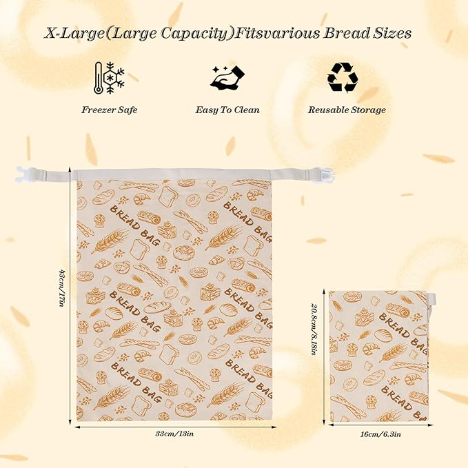 2-Pack Beeswax Bread Bags for Sourdough & Homemade Bread，Reusable Cotton Storage Bags，Extra Large Airtight Food Keeper to Keep Fresh