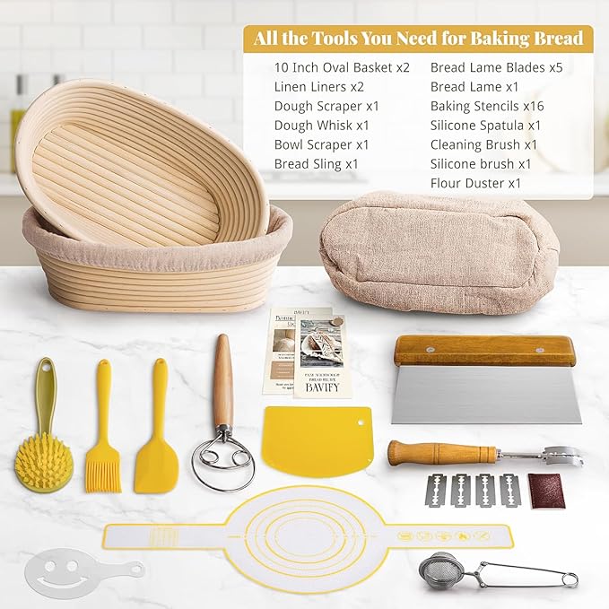 BAVIFY Sourdough Starter Kit, Banneton Bread Proofing Baskets Set | Complete Sourdough Bread Baking Supplies, Beginner Friendly Bread Making Kit, 2-Pack 10 in Oval Rattan Banneton Basket