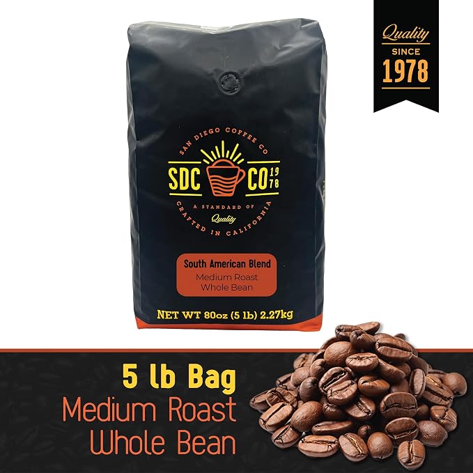 San Diego Coffee South American Blend, Medium Roast, Whole Bean Coffee, 5-Pound Bag Café en grano tostado