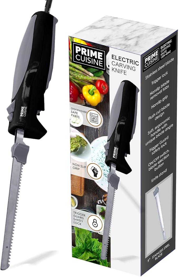 Electric Knife With Cord| 9" Stainless Steel Blade | Non-Slip Grip | Dishwasher Safe Parts | Trigger Lock Safety | Ergonomic Handle | Includes Knife Stand