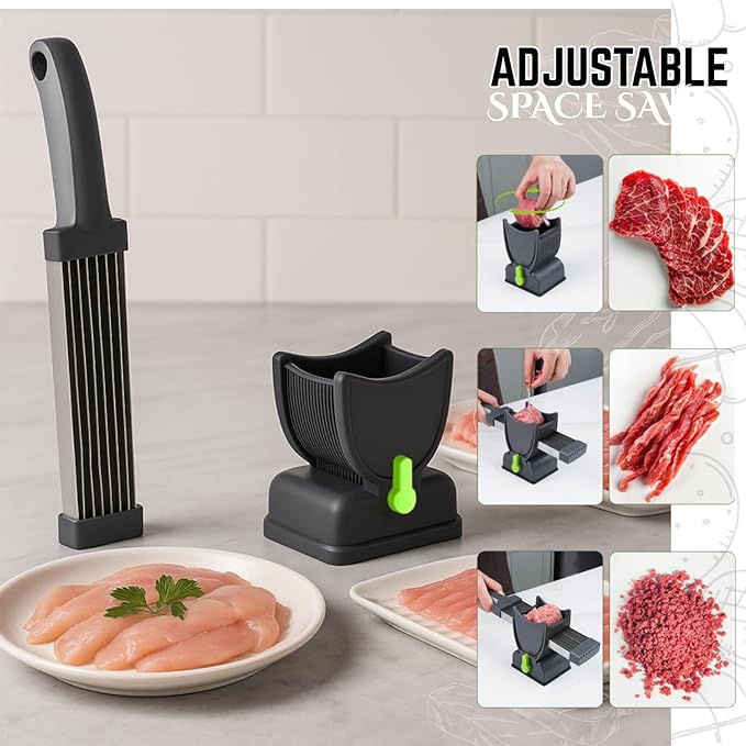 Fresh Meat Slicer & Cleaver Set – Adjustable 2mm/4mm Thickness –17 Blade Manual Meat Slicer for Beef, Pork, Chicken – Slice, Shred, Dice – Home Cooking, BBQ, Jerky, Hot Pot
