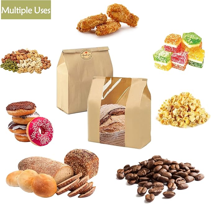 100 Pcs(13.7x8.2x3.5 in) Paper Bread Bags for Homemade Bread, Sourdough Bread Bags with Window, Sourdough Storage Bags for Bread Packaging includes 500 Cute Seal Stickers