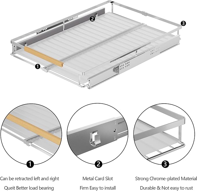 SANNO Expandable Pull Out Cabinet Organizer Kitchen Sliding Shelf Under Sink Shelf, Expandable Drawer Shelves with Sliding, Dish Drying Rack with Stainless Steel Utensil Holder