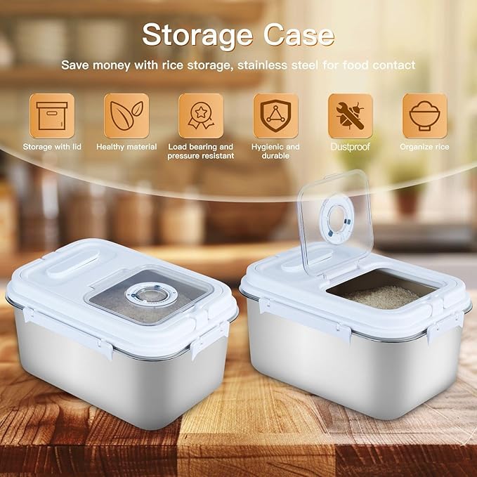 20Lbs Airtight Rice Container with Flip Lid, Stainless Steel Food Storage Container with Date Tracker, Measuring Cup and Spoon, 10L Portable Kitchen Pantry Bin for Flour Grain Sugar - Silver