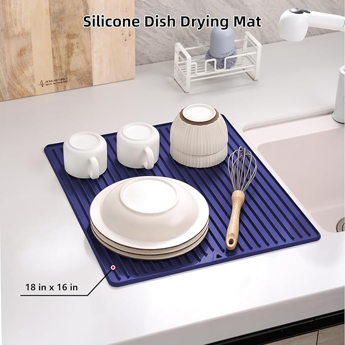 Dish Drying Mat, Flexible Silicone Drying Mat for Kitchen Counter, Heat Resistant Silicone Trivet for Countertop Protector, Super Thick Non-Slip Dish Drying Pad for Under Rack, 12” x 16”