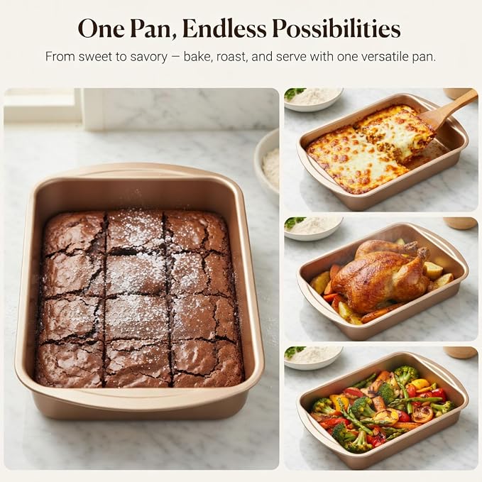 9x13 Nonstick Baking Pan 2 Pack – Heavy-Gauge Carbon Steel Cake Pan，Warp-Resistant & PFOA Free, Even Heating for Lasagna, Sheet Cake, Brownies & Meal Prep, Wide Handles Golden