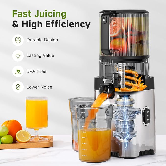 AMZCHEF 3-in-1 Cold Press Juicer, 6.5" Wide Feed Chute Slow Masticating Juicer Extractor for Whole Fruits & Vegetables, High Juice Yield, Quiet Motor, Easy Clean for Plant-Based Diet