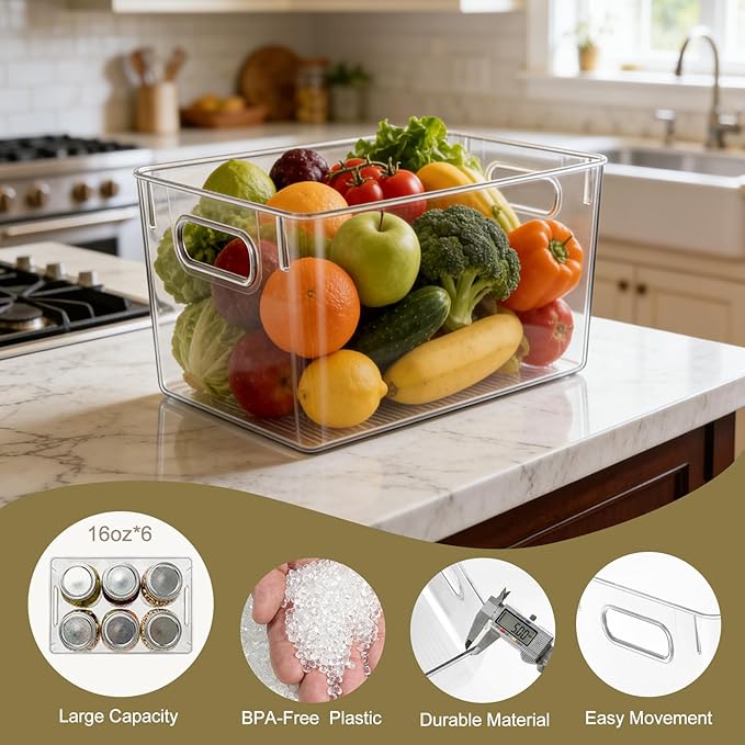 Hudgan Set of 8 Clear Plastic Storage Bins, 8 Large Storage Containers for Pantry Organizers, Home Edit, Kitchen Cabinet, Refrigerator, Under Sink Organization, Bathroom, Office