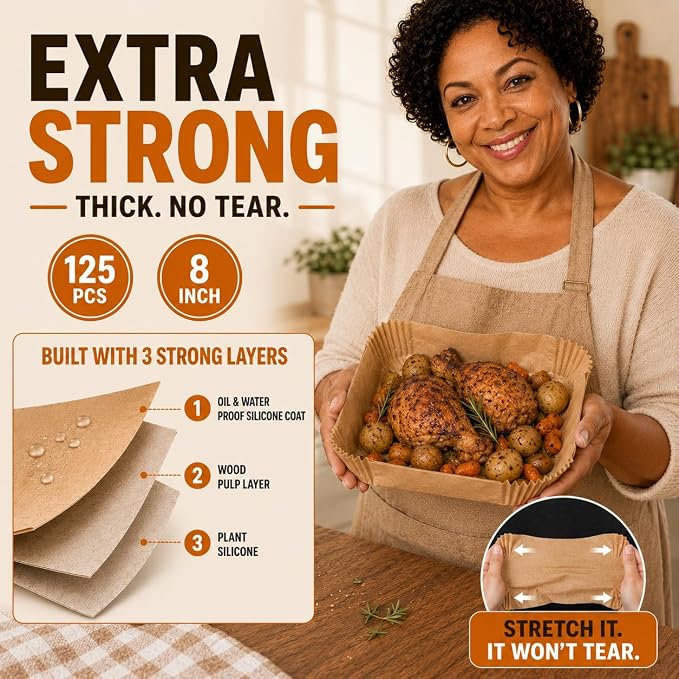 Air Fryer Paper Liners, 125Pcs Air Fryer Disposable Liners, Non-Stick and Oil Proof for Easy Cleanup, 8” Square for 5-8 qt Basket by Baker's Signature