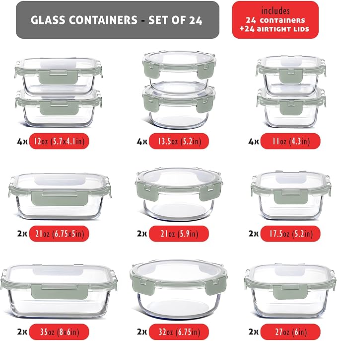 Nestl 48pc Glass Storage Containers with Lids, 24 Glass Food Storage Containers with 24 Airtight Lids for Pantry & Kitchen, Meal Prep Containers for Lunch, Oven Microwave & Dishwasher Safe, Sage Green