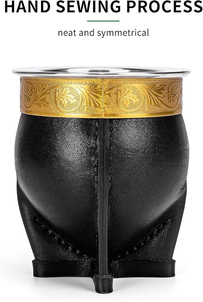 Cuopru Premium Argentina Imperial Yerba Mate Cup with Bombilla Mate (Straw) Set, Baroque Style, Leather Gourd, 304 Stainless Steel Inner (Black)
