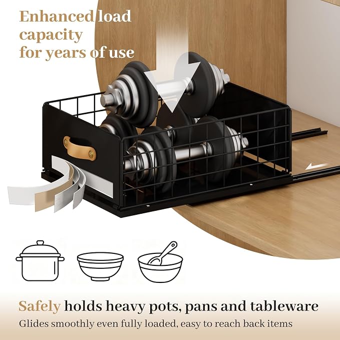 Pull Out Cabinet Organizer, No-Drill Pantry Drawers, Slide Out Shelves with Bamboo Risers for Lipped Cabinets,Ideal for Kitchen, Bathroom & Under Sink Storage (Black, 9.8" Wide-15.7" Deep)