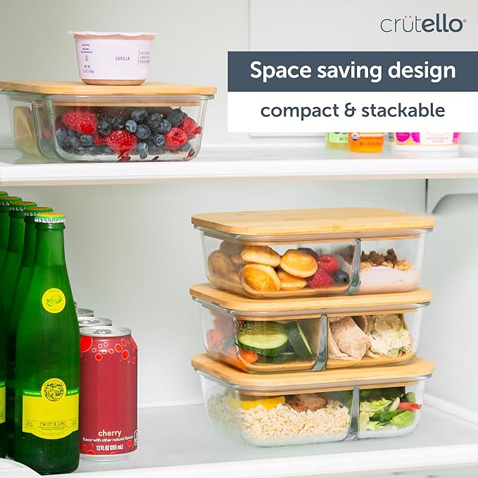Crutello Glass Storage Containers with Bamboo Lids - Eco-Friendly Non Toxic Meal Prep Jars with Wooden Lid for Fridge and Kitchen Organization - Non Plastic Container for Fruit Bowls - 48 oz - 4 Pack