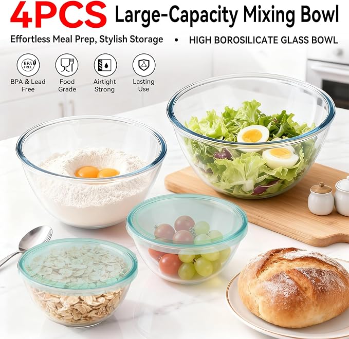YUANYE 4 Pack Glass Mixing Bowls with Lids Set (3QT/1.7/0.9/0.6QT),Thick Glass Large Salad Bowl Set, Nesting Kitchen Bowls for Serving, Prepping, Cooking and Baking, Dishwasher, Oven,Microwave Safe