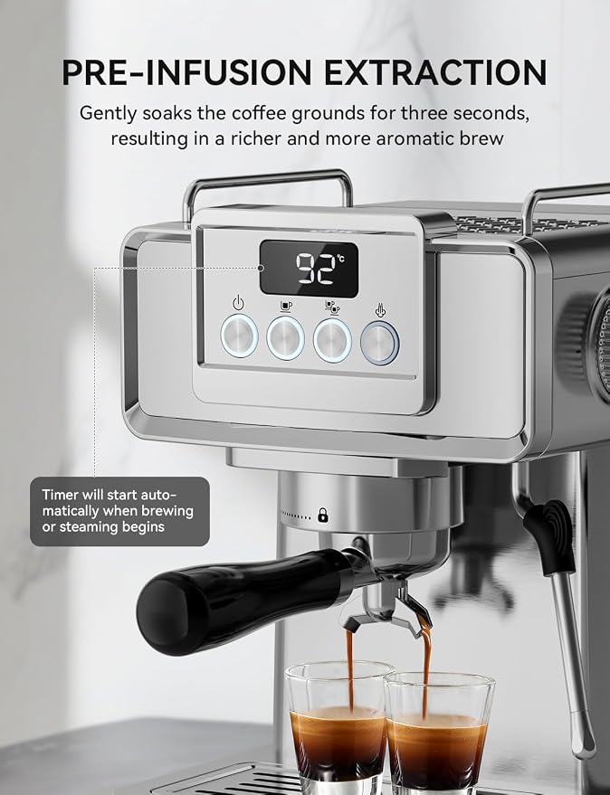 SUMSATY Espresso Machine 20 Bar, Stainless Steel Espresso Maker Professional Expresso Machine with Power Steam & LED Display for Home Barista, Americano, Latte, Cappuccino Maker, 1.8L Water Tank