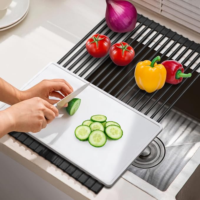 HANZENMA Roll Up Dish Drying Rack Over The Sink Kitchen Roll Up Sink Drying Rack Multipurpose Foldable Sink Drying Mat, Heat-Resistant, Anti-Slip & Anti-Rust Dish Rack for Kitchen, 20.5" x 13", Black
