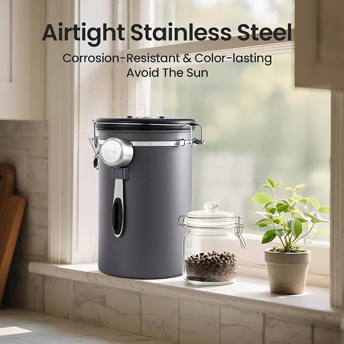 Veken Coffee Canister, 39OZ Large,Airtight Stainless Steel Food Storage Container for 2.2lbs Beans,Ground,Sugar,Espresso,Rice,Tea,Flour,Cereal,Cookie,Lids,Jars,Gifts,Scoop,Kitchen Bar Accessories,Gray