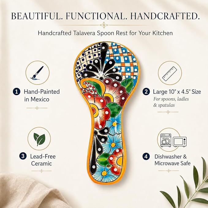 Talavera Spoon Rest – Hand-Painted Ceramic Utensil Rest Handmade in Mexico, 10" Large for Stove Top and Counter, Dishwasher Safe Lead Free, Gift Ready Cuchara Multicolor