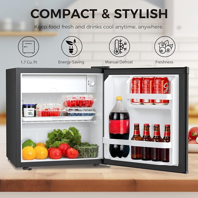 Antarctic Star 1.6 Cu. Ft Mini Fridge with Freezer,Small Compact Refrigerator with Single Reversible Door, Removable Shelves, 7 Adjustable Thermostat, for Dorm/Bedroom/Office,Steel