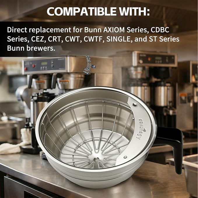 20216.0000 Silver Coffee Funnel Assembly with Black Handle, Coffee Brew Funnel Basket for Bunn AXIOM Series/CDBC Series/CEZ/CRT/CWT and ST Series Bunn Brewers, 25PK Coffee Filters