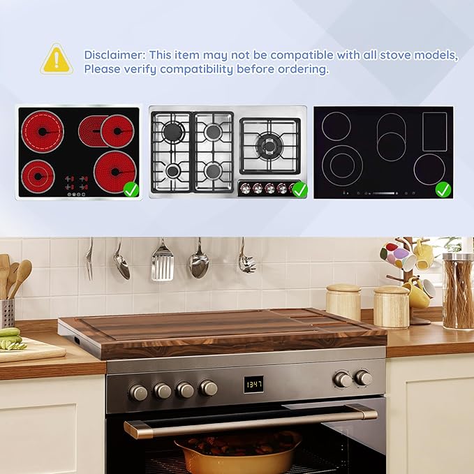 Noodle Board Stove Cover with Handle, Wooden Stove Top Cover for Electric Stove and Gas Burners, Cutting Board with Juice Groove & Separate Zone, 30"L x 21"W x 2.2"H, Natural Solid Wood