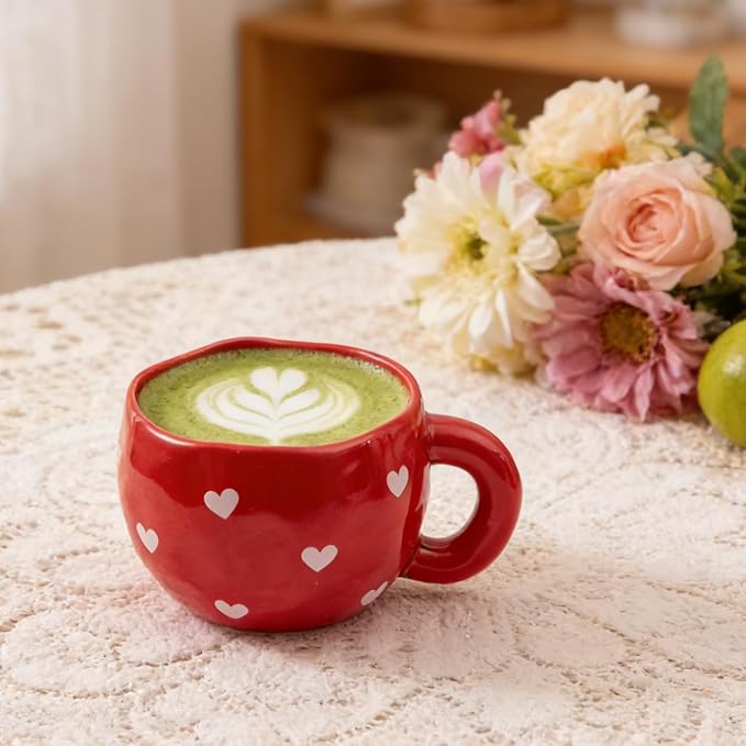 4pcs Ceramic Hearts Mugs Set, 9.4OZ Cute Love Coffee Cup Set, Red and White Color, Dishwasher Safe Espresso Cups, Gift for Women (Heart)
