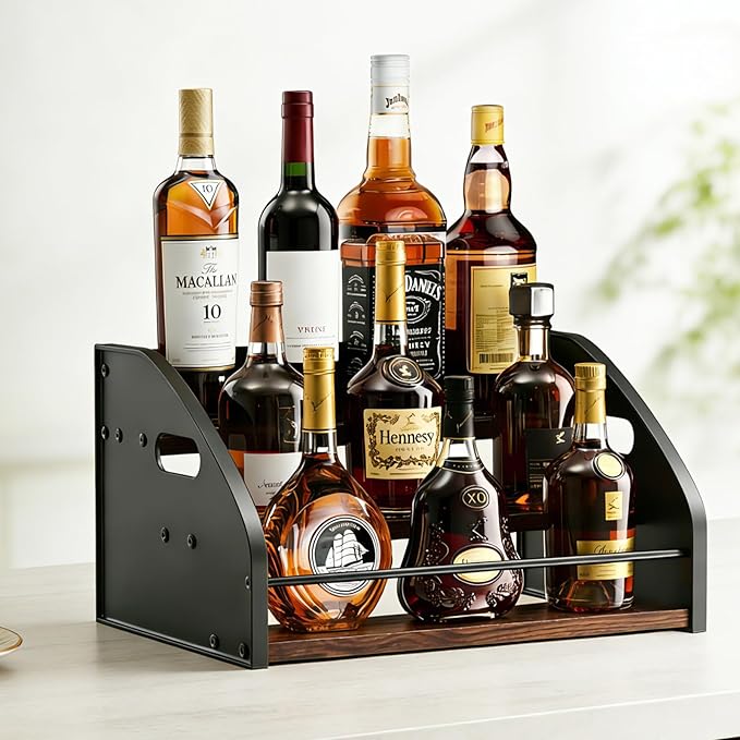 3-Tier Liquor Bottle Display Shelf, Exquisite Metal Design, Extra Large Bar Organizer for The Home Bar, Countertop Wine Rack with Smooth Handles, Retro Bar Shelf Stand for Whiskey, Spirits