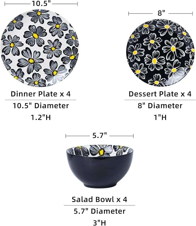 12-pieces Dinnerware Set Ceramic Dish Set Plates Sets Service for 4, Bowl Sets, Stoneware Dinnerware Sets, 12pcs Plate and Bowl Set for kitchen