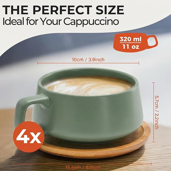 MIAMIO – 11 Oz., Set of 4 Ceramic Tea Cup and Saucer Bamboo/Tea Mug - Wide Cappuccino Cup, Coffee Cups Ceramic Mug for Cappuccino, Latte, Espresso & Americano - Luxe Collection (Evergreen)