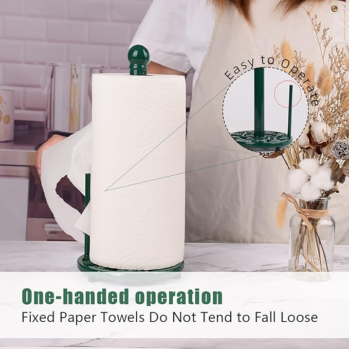 Green Cast Iron Paper Towel Holder for Kitchen Countertop - Vintage Pumpkin Pattern Standing Dispenser with Heavy Weighted Base, Farmhouse Decor, Fits Jumbo Rolls, One-Handed Tear