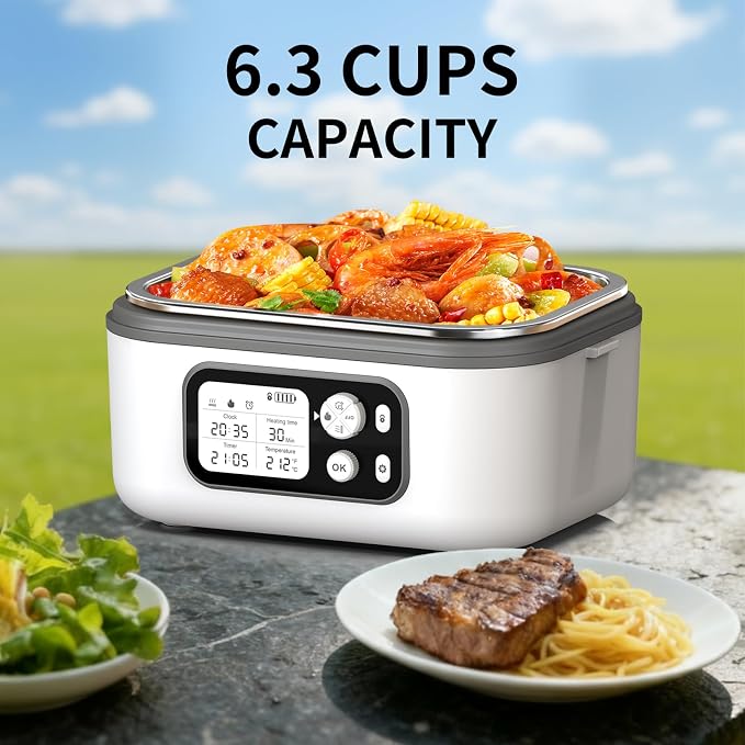 Cordless Electric Heated Lunch Box, 1.5L - 6.3 Cups 100W Rechargeable Smart Self-Heating Food Warmer with Removable Divider, Spoon, Fork, BPA Free, Portable Lunchbox for Car Travel Office