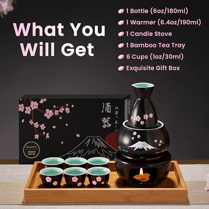 DUJUST 10 pcs Japanese Sake Set with Warmer for 6, Sakura & Fuji Design Porcelain Sake Set, 6 Sake Cups, 1 Bottle, 1 Warmer, 1 Candle Stove, 1 Tray & 1 Box, Warm Sake Carafe, Japanese Gifts - Black