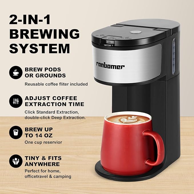Ranbomer K Cup Coffee Maker, Single Serve coffee machine or Ground Coffee Machine 2 in 1, 6 to 14 Oz Brew Sizes, Mini One Cup Coffee Maker with Self cleaning Function.