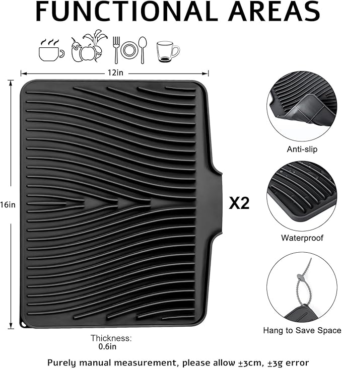 TIKNIK Silicone Dish Drying Mat, Stone Drying Mat for Kitchen Counter with Built-In Drain, Non-Slip Drain Pad with Built-in Drain, Heat Resistant Stone Drying Mat, Hangable, Black-2pcs, 16" x 12"