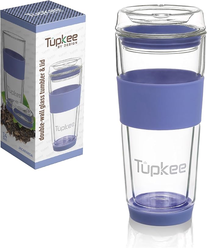 Double Wall Glass Tumbler - 14-Ounce, All Glass Hand Blown Reusable Insulated Tea/Coffee Mug & Lid, Travel Mug - Jacaranda