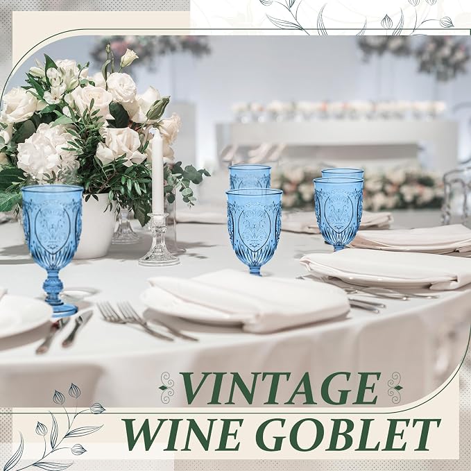 Wiwiqing 24 Pcs Plastic Goblets 7.5oz Vintage Goblet Plastic Wine Glasses Colored Retro Embossed Water Goblets for Wine Bar Juice Baby Shower Wedding Reception Grand Event Party (Royal Blue)