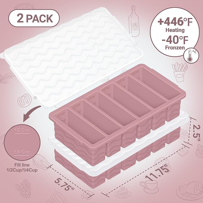 1/2 Cup Silicone Freezer Molds with Lid, 2-Pack Silicone Freezer Trays for Soup, Sauce & Broth – Meal Prep Containers, Large Ice Cube Tray, Oven & Dishwasher Safe