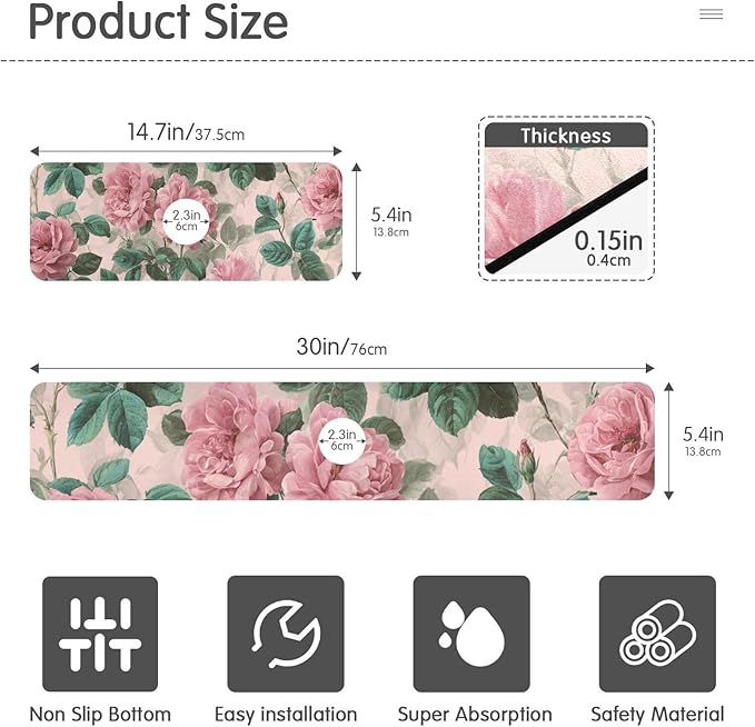 Kitchen Sink Splash Guard 2 PCS 14.7 Inch Sink Faucet Mat Splash Guard for Bathroom Countertop Water Absorbent Foldable Cuttable Soft Washable Pink Vintage Roses with Leaves