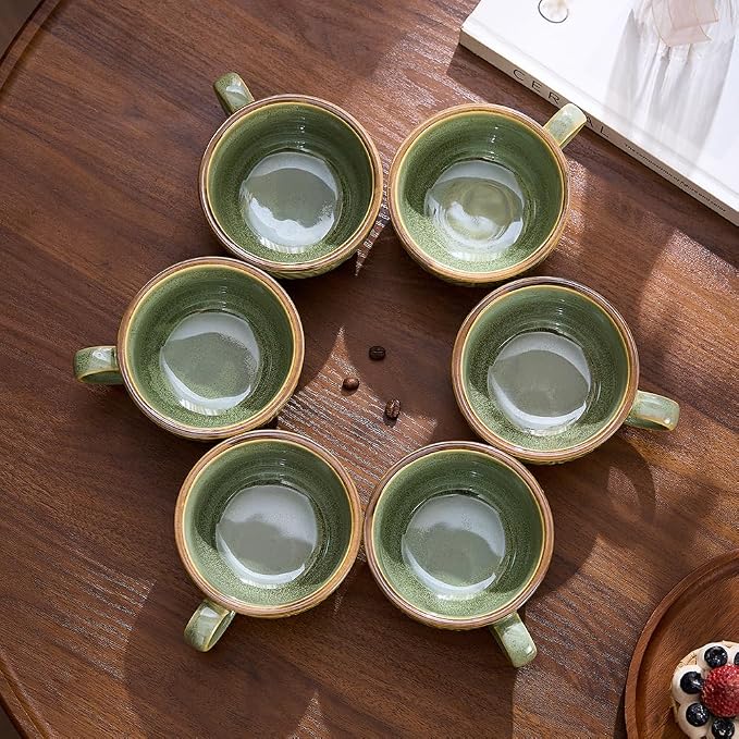 Coffeezone Set of 6 Vintage Design 12 oz Professional Barista Ceramic Latte Art Cappuccino Cups Set (Wave Green)