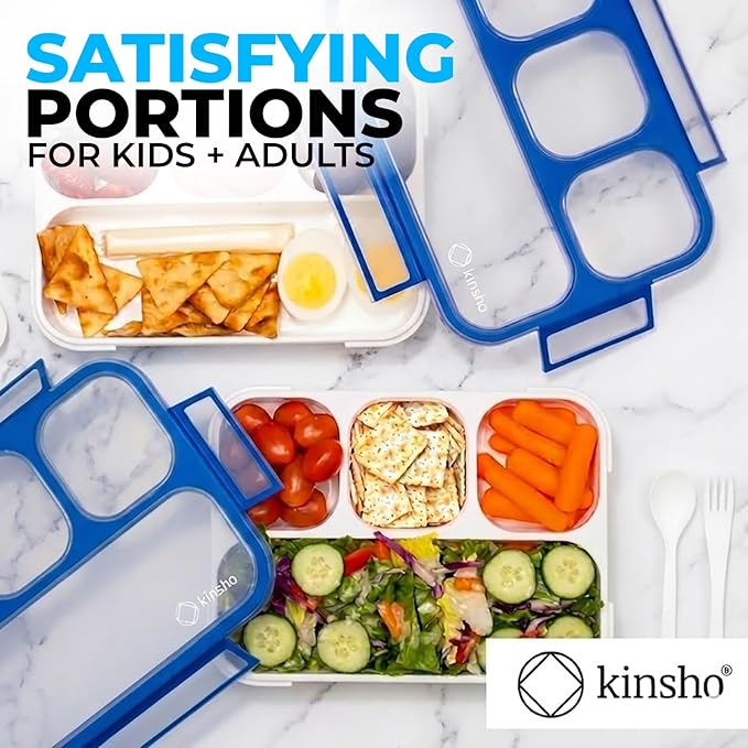 kinsho Bento Lunch Box for Kids Boys Adults, Portion Control Meal Container with 4 Divided Compartments, BPA Free Snackle Snack Food Container for School Work Travel, Utensils, Blue